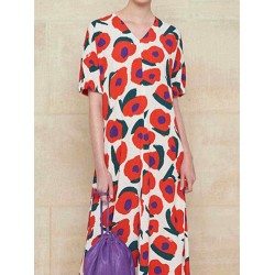 Vintage Floral Print V-neck Short Sleeve Women Maxi Dress