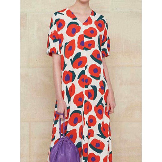 Vintage Floral Print V-neck Short Sleeve Women Maxi Dress