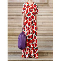 Vintage Floral Print V-neck Short Sleeve Women Maxi Dress