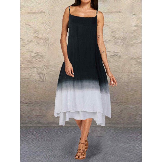 Vintage Gradient Color Pockets Straps High Low Plus Size Maxi Dress Vintage Gradient Color Pockets Straps High Low Plus Size Maxi Dress