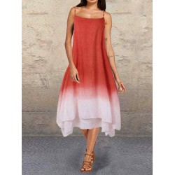 Vintage Gradient Color Pockets Straps High Low Plus Size Maxi Dress