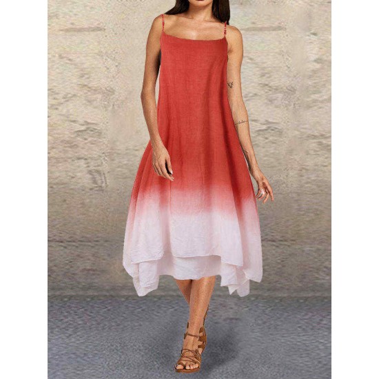 Vintage Gradient Color Pockets Straps High Low Plus Size Maxi Dress Vintage Gradient Color Pockets Straps High Low Plus Size Maxi Dress
