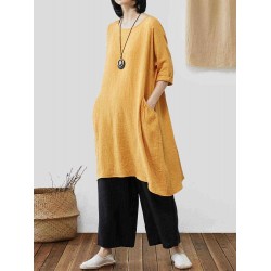 Vintage Loose Solid Color Pocket High Low Plus Size Dress