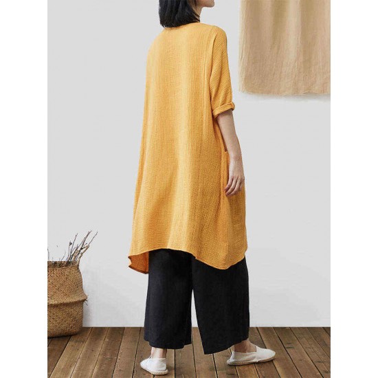 Vintage Loose Solid Color Pocket High Low Plus Size Dress
