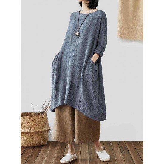Vintage Loose Solid Color Pocket High Low Plus Size Dress