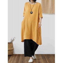 Vintage Loose Solid Color Pocket High Low Plus Size Dress