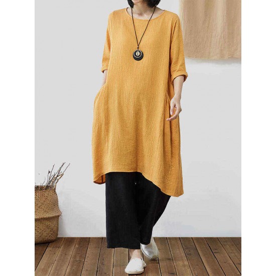 Vintage Loose Solid Color Pocket High Low Plus Size Dress