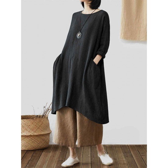 Vintage Loose Solid Color Pocket High Low Plus Size Dress