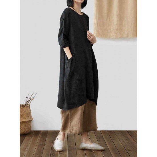 Vintage Loose Solid Color Pocket High Low Plus Size Dress