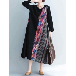 Vintage Patchwork Crew Neck Long Sleeve Dress