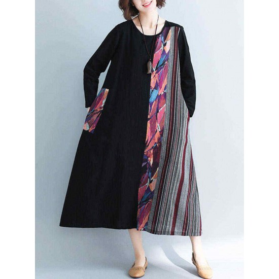 Vintage Patchwork Crew Neck Long Sleeve Dress