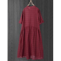 Vintage Plaid Button Short Sleeve Loose Plus Size Dress with Pockets