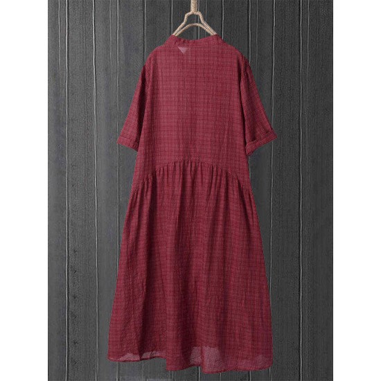 Vintage Plaid Button Short Sleeve Loose Plus Size Dress with Pockets Vintage Plaid Button Short Sleeve Loose Plus Size Dress with Pockets