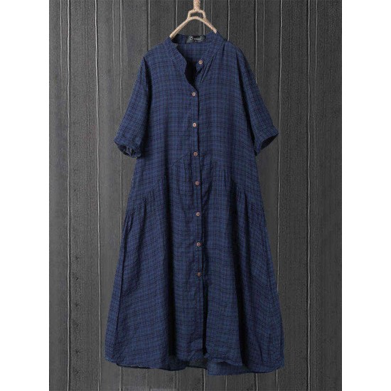 Vintage Plaid Button Short Sleeve Loose Plus Size Dress with Pockets Vintage Plaid Button Short Sleeve Loose Plus Size Dress with Pockets