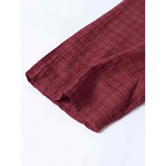 Vintage Plaid Button Short Sleeve Loose Plus Size Dress with Pockets Vintage Plaid Button Short Sleeve Loose Plus Size Dress with Pockets