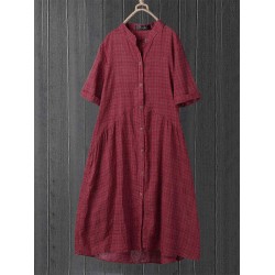 Vintage Plaid Button Short Sleeve Loose Plus Size Dress with Pockets