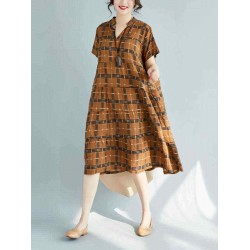 Vintage Plaid V-neck Short Sleeves Loose Dress