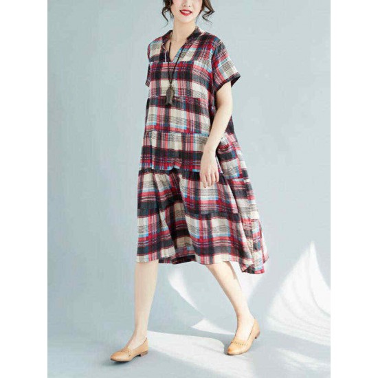 Vintage Plaid V-neck Short Sleeves Loose Dress