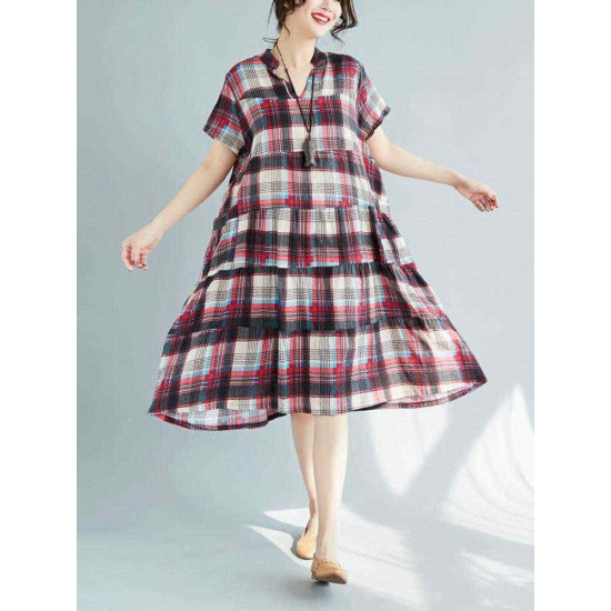 Vintage Plaid V-neck Short Sleeves Loose Dress