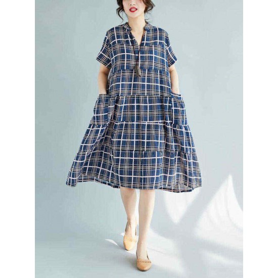 Vintage Plaid V-neck Short Sleeves Loose Dress