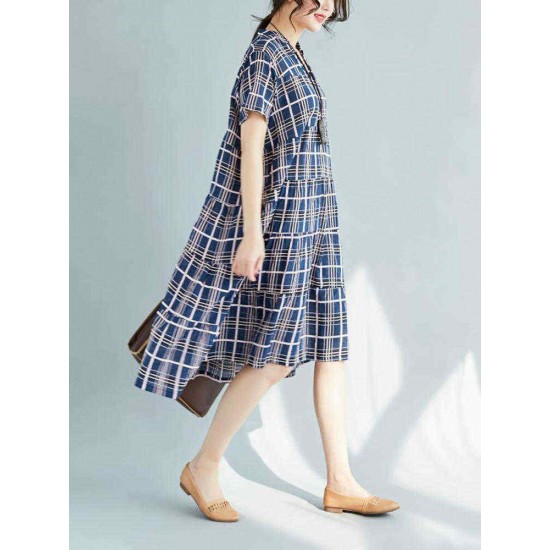 Vintage Plaid V-neck Short Sleeves Loose Dress