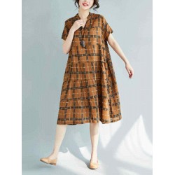 Vintage Plaid V-neck Short Sleeves Loose Dress