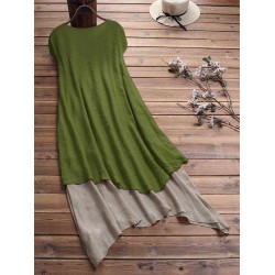 Vintage Pleated Patchwork Irregular Hem Plus Size Dress with Pockets