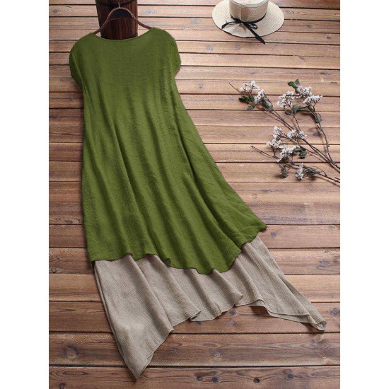 Vintage Pleated Patchwork Irregular Hem Plus Size Dress with Pockets Vintage Pleated Patchwork Irregular Hem Plus Size Dress with Pockets