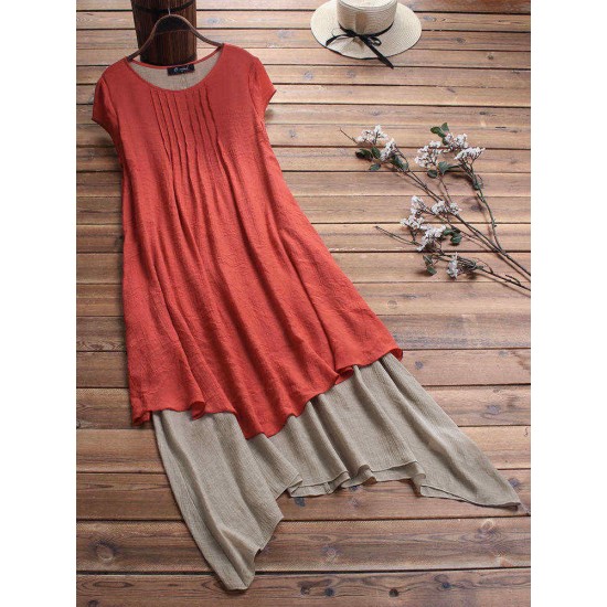 Vintage Pleated Patchwork Irregular Hem Plus Size Dress with Pockets Vintage Pleated Patchwork Irregular Hem Plus Size Dress with Pockets