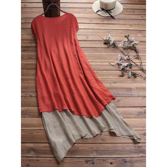 Vintage Pleated Patchwork Irregular Hem Plus Size Dress with Pockets Vintage Pleated Patchwork Irregular Hem Plus Size Dress with Pockets