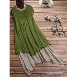 Vintage Pleated Patchwork Irregular Hem Plus Size Dress with Pockets