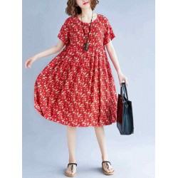 Vintage Short Sleeve Elastic Waist Floral Dress