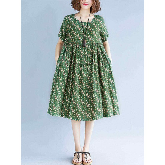 Vintage Short Sleeve Elastic Waist Floral Dress Vintage Short Sleeve Elastic Waist Floral Dress