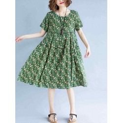 Vintage Short Sleeve Elastic Waist Floral Dress
