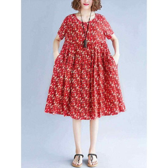 Vintage Short Sleeve Elastic Waist Floral Dress Vintage Short Sleeve Elastic Waist Floral Dress