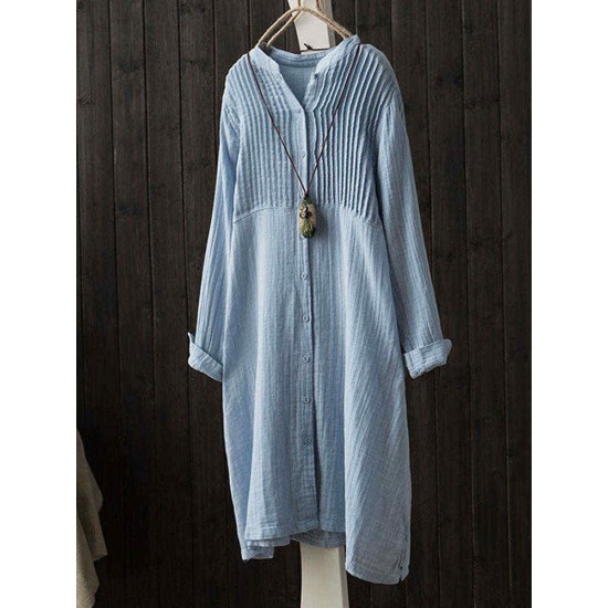 Vintage Solid Color Button Down Band Collar Shirt Dress