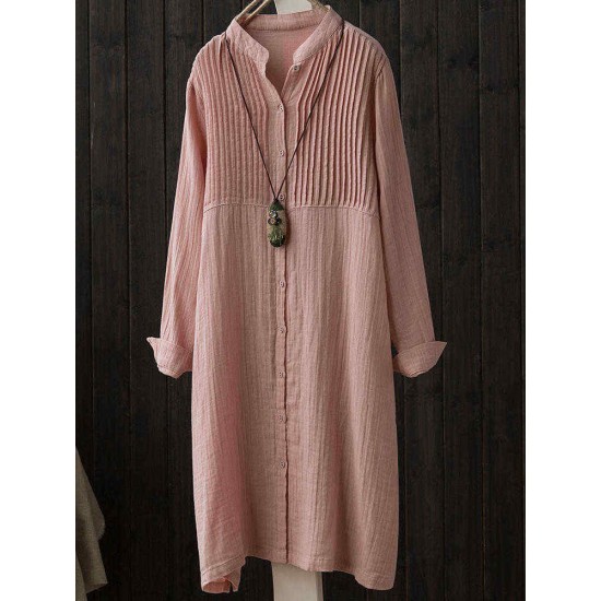 Vintage Solid Color Button Down Band Collar Shirt Dress