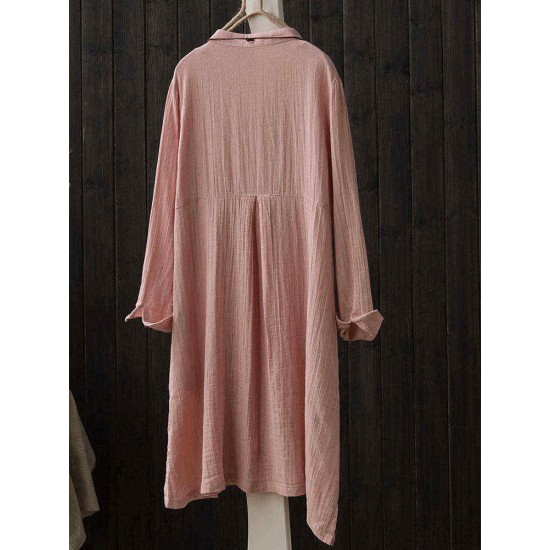 Vintage Solid Color Button Down Band Collar Shirt Dress