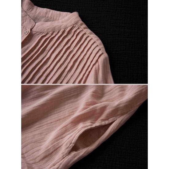 Vintage Solid Color Button Down Band Collar Shirt Dress