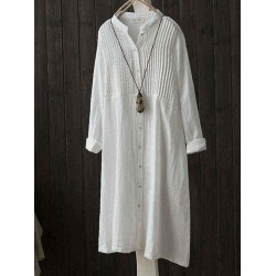 Vintage Solid Color Button Down Band Collar Shirt Dress