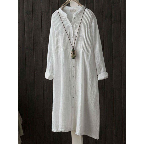 Vintage Solid Color Button Down Band Collar Shirt Dress
