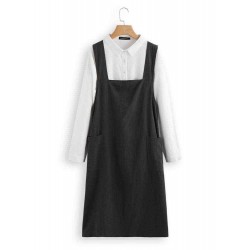 Vintage Solid Color Cross Back Pockets Plus Size Dress