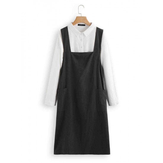 Vintage Solid Color Cross Back Pockets Plus Size Dress
