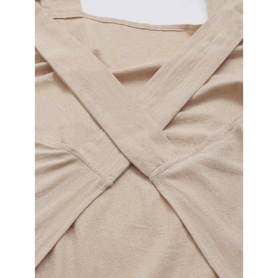 Vintage Solid Color Cross Back Pockets Plus Size Dress