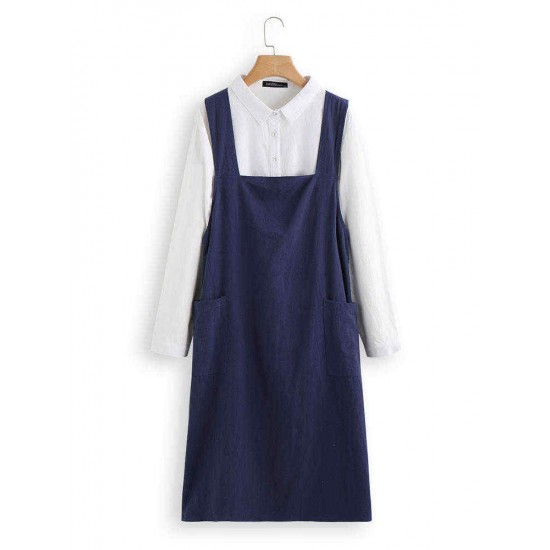 Vintage Solid Color Cross Back Pockets Plus Size Dress