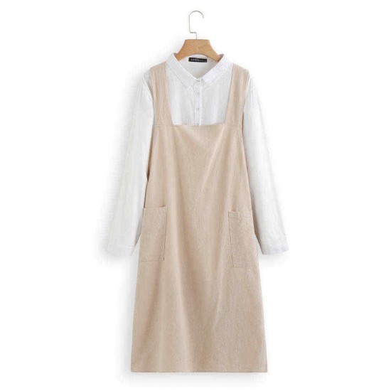 Vintage Solid Color Cross Back Pockets Plus Size Dress