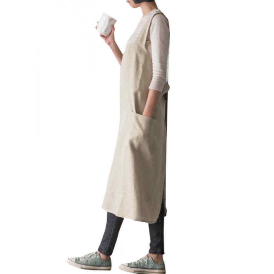 Vintage Solid Color Cross Back Pockets Plus Size Dress
