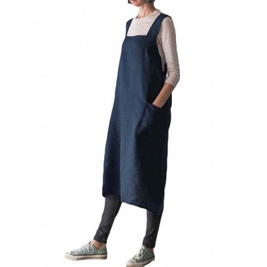 Vintage Solid Color Cross Back Pockets Plus Size Dress
