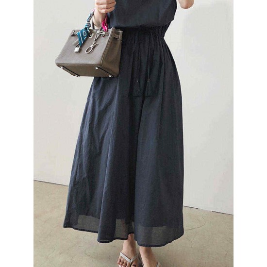 Vintage Solid Color Drawstring Loose Dress