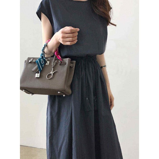 Vintage Solid Color Drawstring Loose Dress